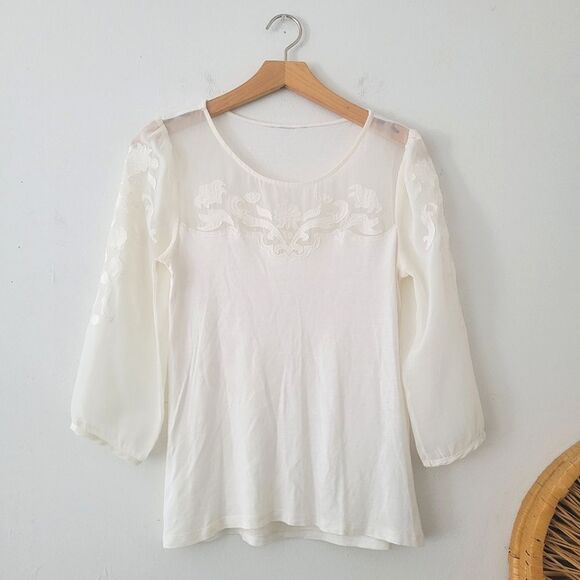 White Blouse Sheer Yoke XS/S - Picture 1 of 6